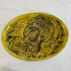 Vintage Embossed Turkey Serving Platter Oval Ceramic 17 In Thanksgiving Holiday
